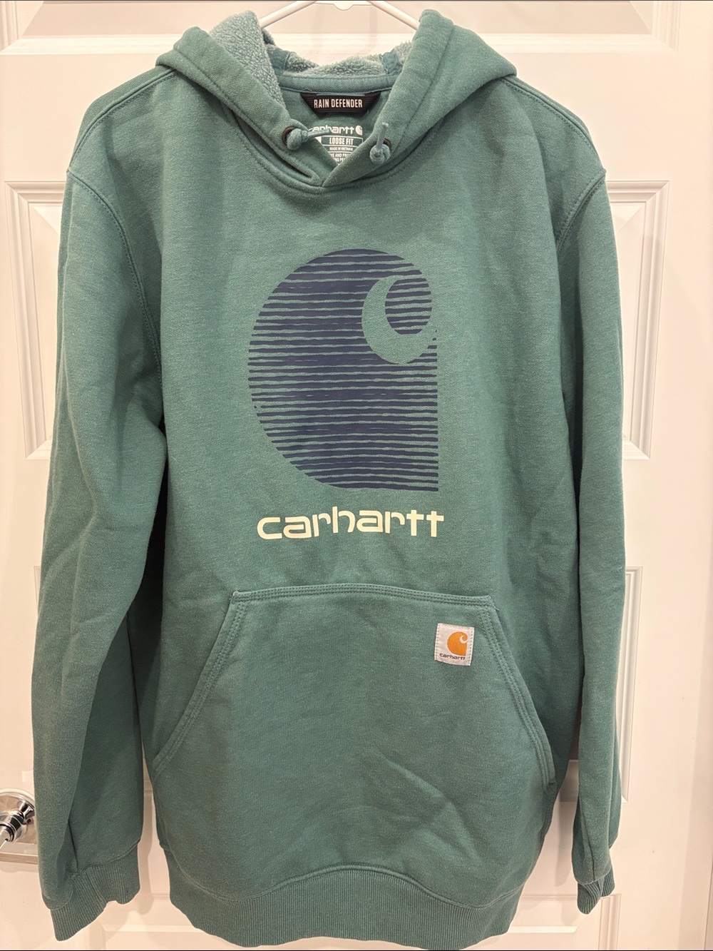 Carhartt Men’s Crewneck Hoodie in Teal Green with Navy Logo